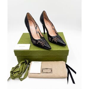Gucci GG Monogram Python Mesh Leather Heels Pointed Toe Pumps 39.5, 9.5